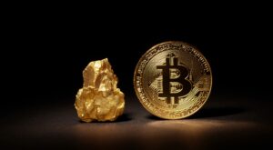 Gold Nugget und Bitcoin-Münze