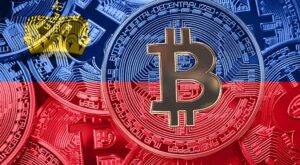 Die Flagge Liechtensteins mit Bitcoin-Münzen