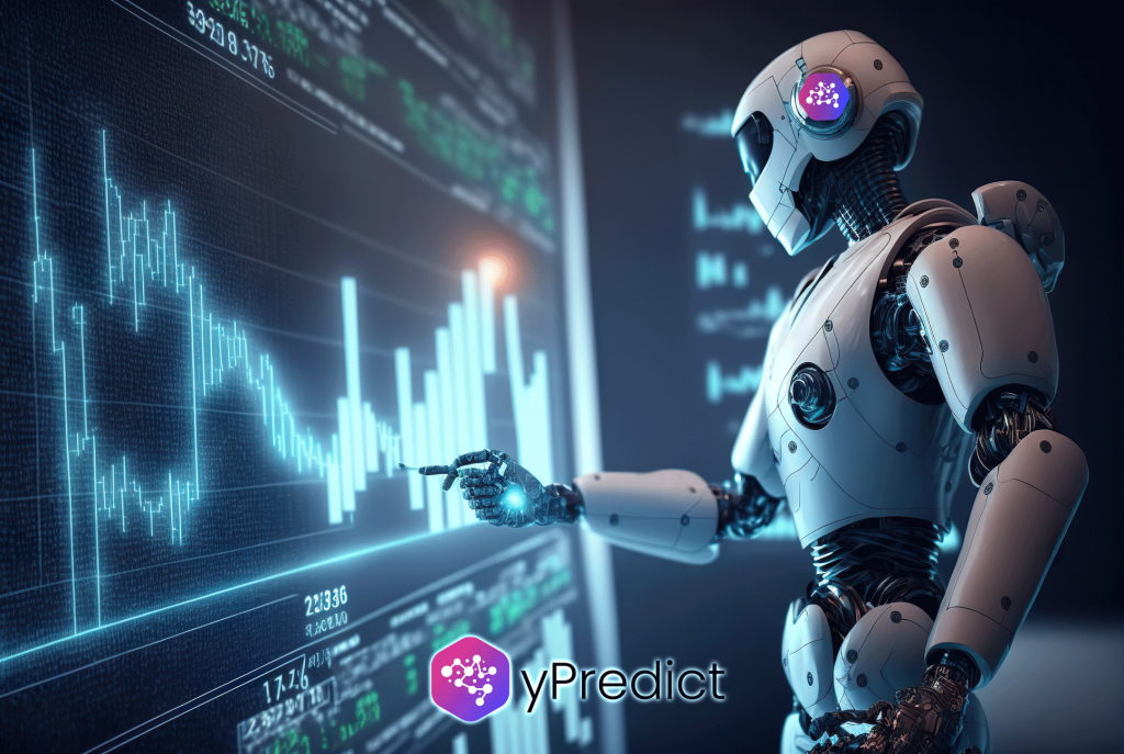 Roboter steht vor digitalem Chart