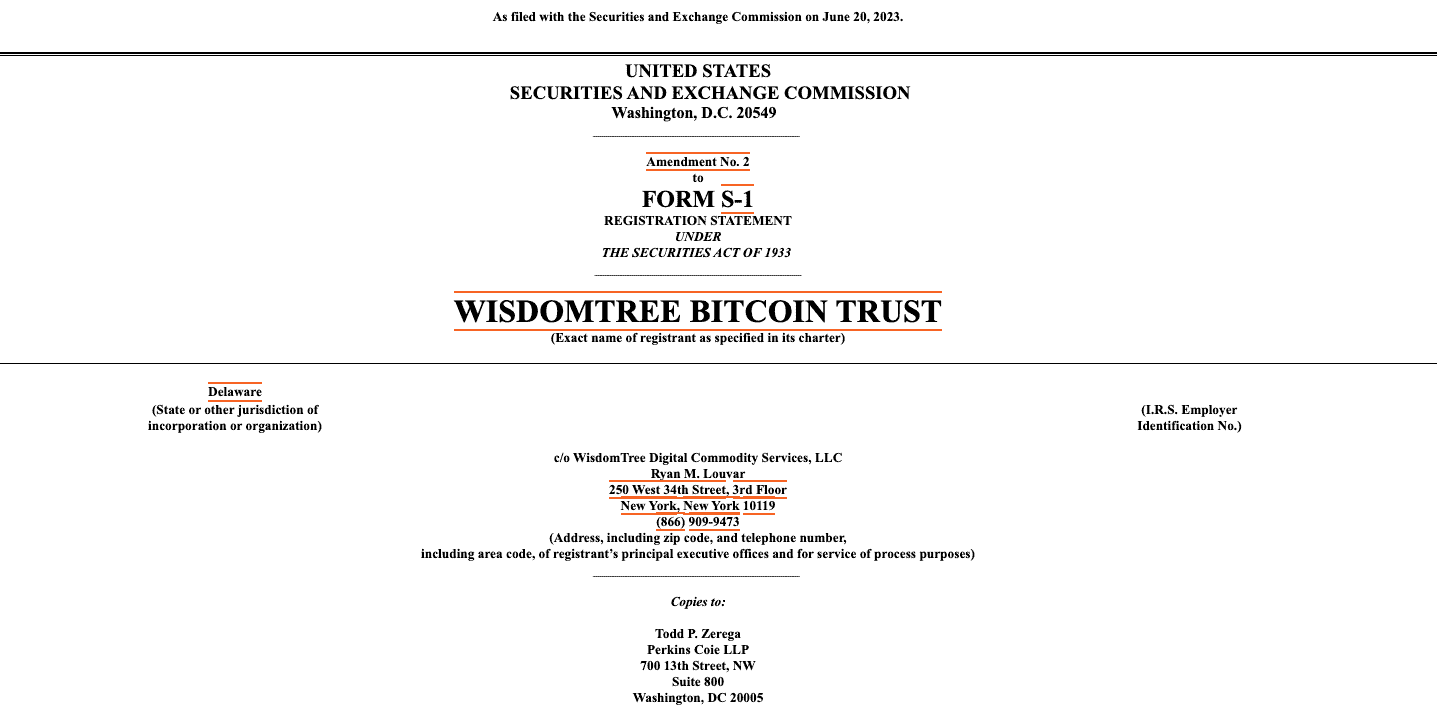 Zu sehen ist ein Screenshot des Genehmigungsantrags für den WisdomTree Bitcoin Trust.