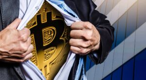 Bitcoin-Symbol unter dem Hemd eines Geschäftsmannes